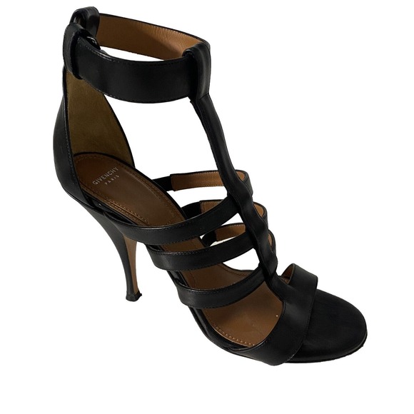 Givenchy Black Leather Kali Strappy Sandal Cage T Strap Open Toe Slim He… - Picture 1 of 9